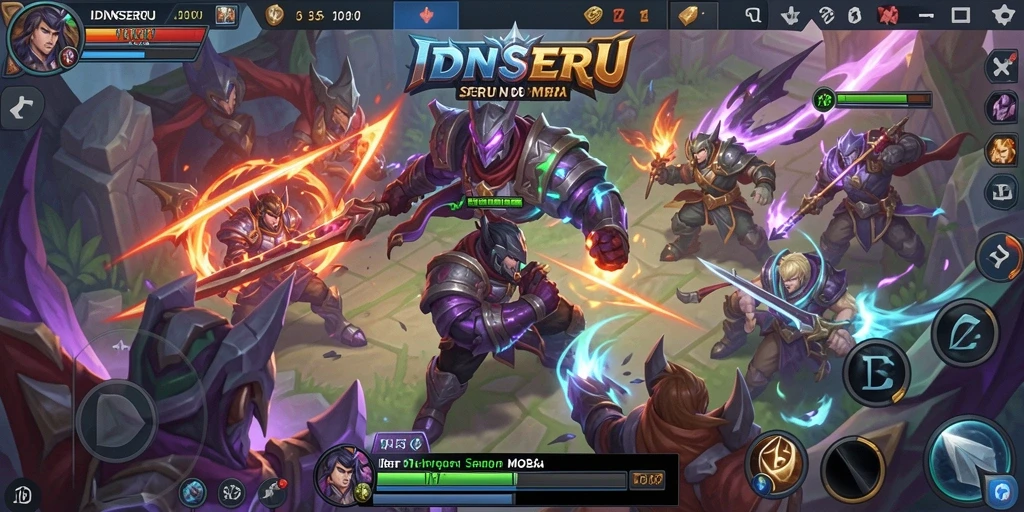 Screenshot IDNSERU menampilkan pertempuran intens dan strategi seru dalam gameplay MOBA.