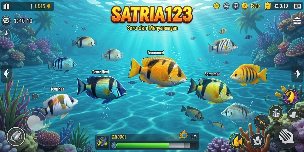 Screenshot utama SATRIA123 menampilkan gameplay penuh aksi Tembak Ikan.