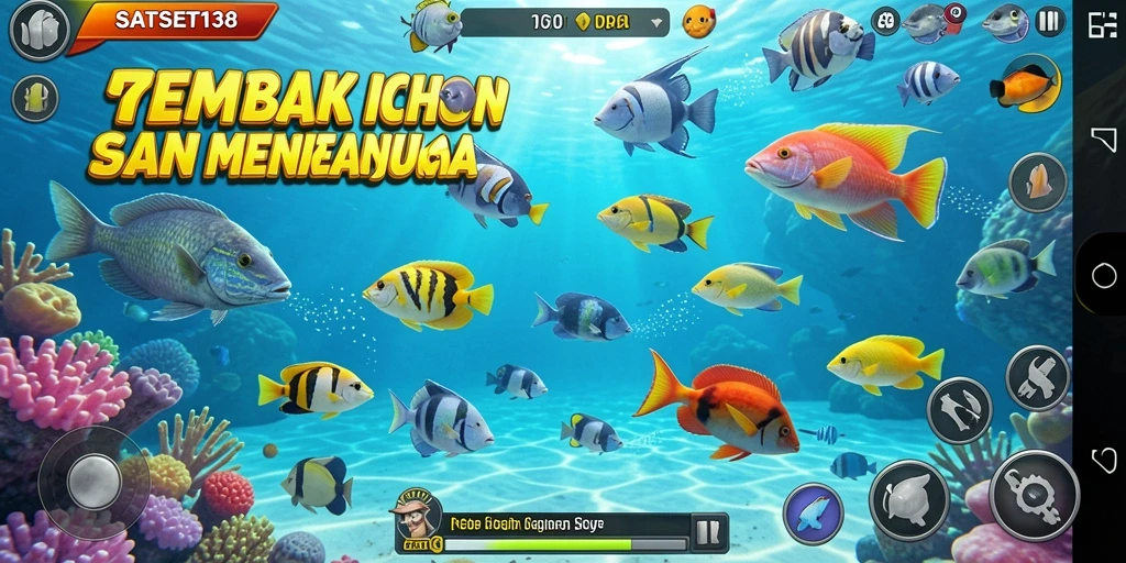 Tampilan screenshot SATSET138 menampilkan aksi menyerang ikan berwarna-warni.